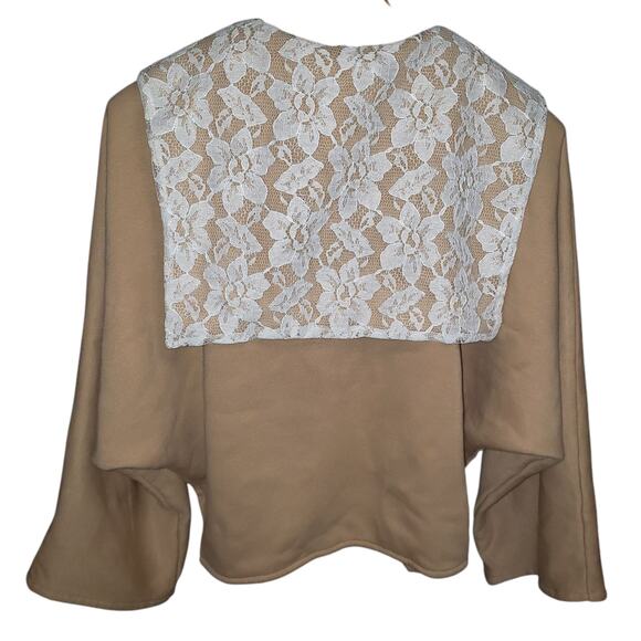 Honey Cropped Tan Cardigan M/L Sailor Collar Lace Cream Buttons Dolman Sleeve - Picture 7 of 9
